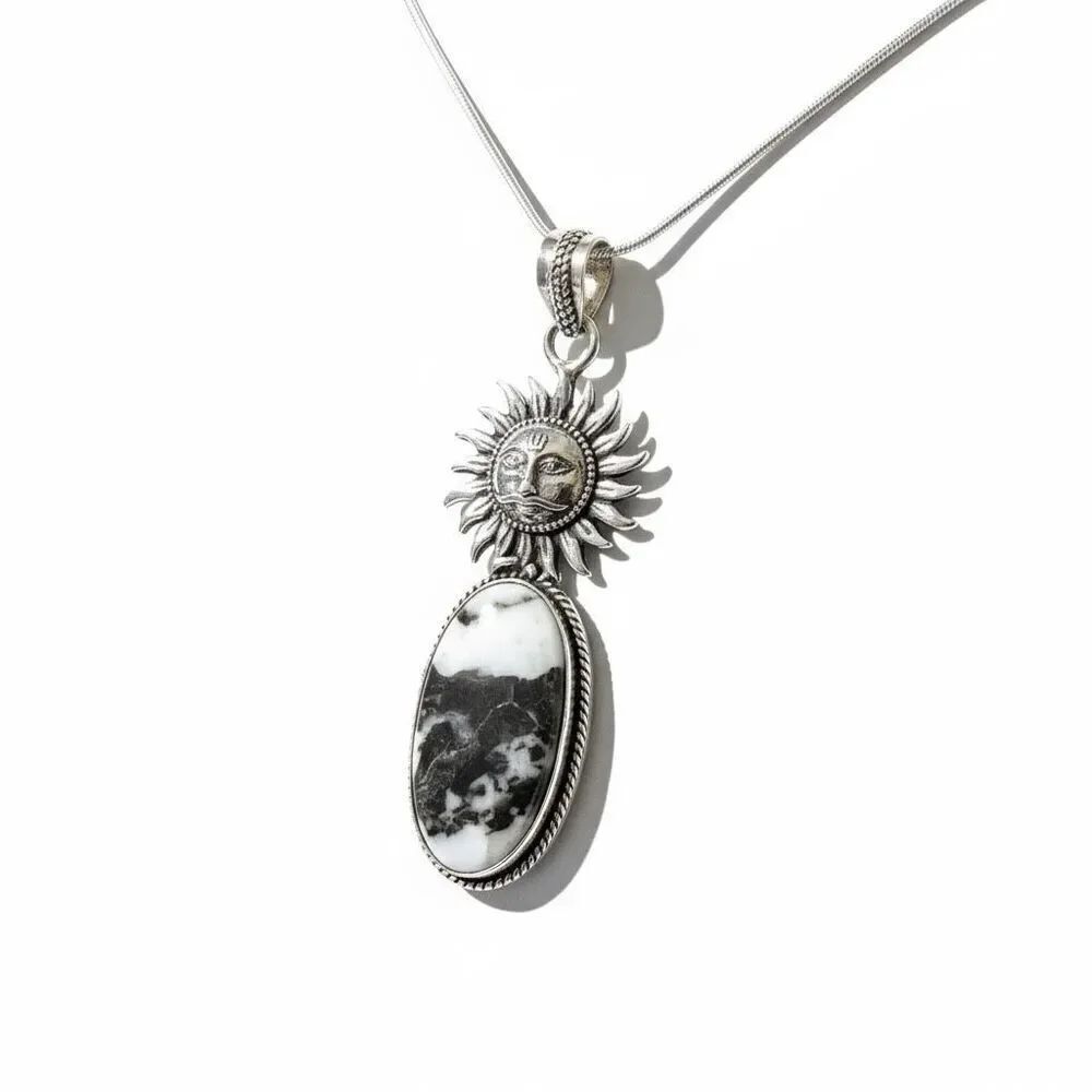 Southwestern White Buffalo Turquoise Oval Sun Motif Pendant Necklace Silver New